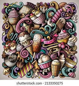 Ice Cream hand drawn vector doodles illustration. Sweets poster design. Sweet food elements and objects cartoon background. Bright colors funny picture