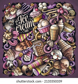 Ice Cream hand drawn vector doodles illustration. Sweets poster design. Sweet food elements and objects cartoon background. Bright colors funny picture