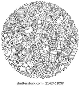 Ice Cream hand drawn vector doodles illustration. Sweets poster design. Sweet food elements and objects cartoon background.