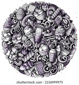 Ice Cream hand drawn vector doodles illustration. Sweets poster design. Sweet food elements and objects cartoon background. Monochrome funny picture