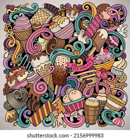 Ice Cream hand drawn vector doodles illustration. Sweets poster design. Sweet food elements and objects cartoon background. Bright colors funny picture