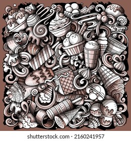 Ice Cream hand drawn vector doodles illustration. Sweets poster design. Sweet food elements and objects cartoon background. Monochrome funny picture