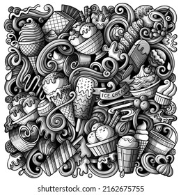 Ice Cream hand drawn vector doodles illustration. Sweets poster design. Sweet food elements and objects cartoon background. Monochrome funny picture