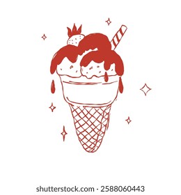 Ice cream hand drawn vector illustration. Elegant vintage sundae. Dessert and delicacy in summer and hot weather, doodle in vintage style isolated on white background