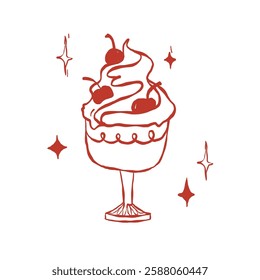 Ice cream hand drawn vector illustration. Elegant vintage sundae. Dessert and delicacy in summer and hot weather, doodle in vintage style isolated on white background