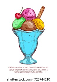 Ice cream hand drawn vector illustration for menu, poster or flyer. Ice cream balls in a glass crock with waffle and cherry. Sketch vintage style template with sample text. Ice cream isolated on white
