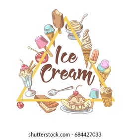 Ice Cream Hand Drawn Vintage Menu Design with Cold Desserts, Fruits and Chocolate, Cones and Waffles. Vector illustration