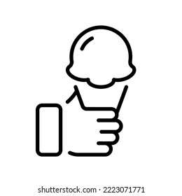 Ice cream in the hand line icon. Cone, popsicle, glaze, ice cream, coffee, plate, portion, street food, cafe, fast food, harmful, sweet, delicious, dessert. Eating concept. Vector black line icon