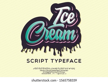 Ice cream. Hand made script font. Display typeface with shadows. Colorful and funny print on clothes.