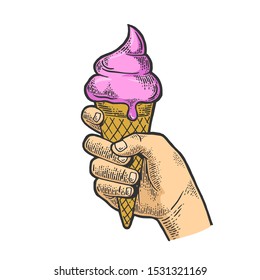 Ice cream in hand sketch engraving vector illustration. T-shirt apparel print design. Scratch board style imitation. Black and white hand drawn image.