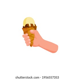 Ice cream in hand. Sweet cold dessert. Balls in waffle cone. Flat cartoon illustration isolated on white