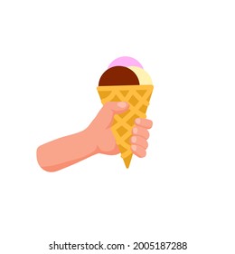 Ice cream in hand. Sweet cold dessert. Balls in waffle cone. Flat cartoon illsutration isolated on white