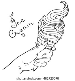 Ice cream in hand. Vector black and white ice cream. Ice cream illustration. Ice cream objects. closeup