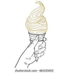 Ice cream in hand. Vector gold paint, black line and white background. Ice cream object.  Ice cream cone, closeup. 
Hand holding ice cream