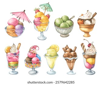 Ice cream handpainted watercolor featuring refreshing fruity and creamy desserts perfect for summer vibes.