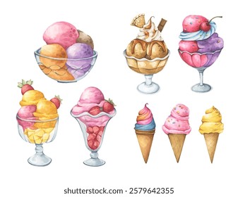 Ice cream handpainted watercolor featuring refreshing fruity and creamy desserts perfect for summer vibes.