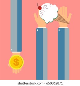 Ice cream in hands. Buying ice cream. Vector illustration.