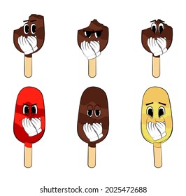 Ice Cream with hands over mouth. Summer refreshment, sweet food as a cartoon character with face.
