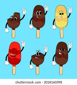 Ice Cream with hands in rocker pose. Summer refreshment, sweet food as a cartoon character with face.