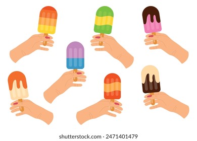 Ice cream in hands, set. Vector illustration of different ice cream on a stick, eps 10.