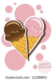 Ice cream happy birthday card with bubbles, vector