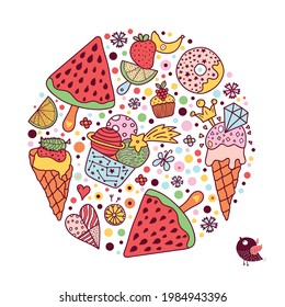 ICE CREAM. Happy summer day. Cute postcard.