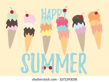 Ice cream happy summer vector card template in pastel colors on a soft orange background