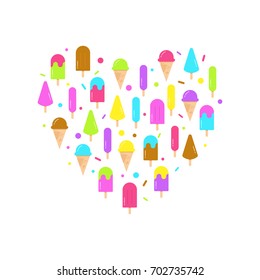 Ice cream heart card of color different flat icon isolated on white background.