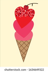 Ice cream heart cherry Pattern, Red  strawberry seamless ice cream, Ice cream yellow Background, Ice cream Love Cards Vector Stock Vector Illustration.