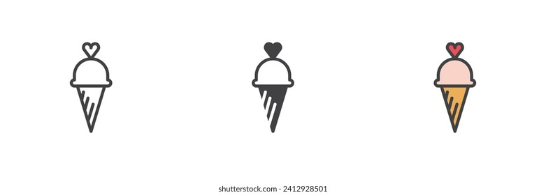 Ice cream with heart different style icon set. Line, glyph and filled outline colorful version, outline and filled vector sign. Symbol, logo illustration. Vector graphics