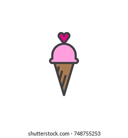 Ice Cream With Heart Filled Outline Icon, Line Vector Sign, Linear Colorful Pictogram Isolated On White. Love And Valentine's Day Symbol, Logo Illustration. Pixel Perfect Vector Graphics