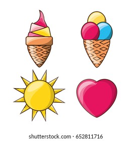 ice cream heart and sun cute colorful set icon