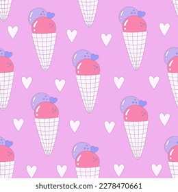 Ice cream hearts seamless pattern. Cute ice cream balls in waffle cone repeat background. Kawaii food vector illustration for wrapping, packaging paper