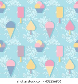 Ice cream heaven - seamless pattern.
Hand drawn ornamental wallpaper or textile pattern with ice-cream motive, in vector format.
