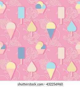 Ice cream heaven - seamless pattern.
Hand drawn ornamental wallpaper or textile pattern with ice-cream motive, in vector format.
