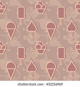 Ice cream heaven - seamless pattern.
Hand drawn ornamental wallpaper or textile pattern with ice-cream motive, in vector format.
