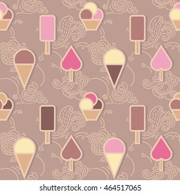 Ice cream heaven - seamless pattern.
Hand drawn ornamental wallpaper or textile pattern with ice-cream and cloud motives in vector format.
