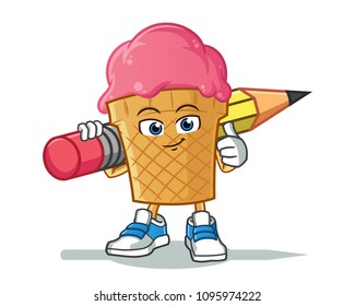 ice cream holding big pencil mascot vector cartoon illustration