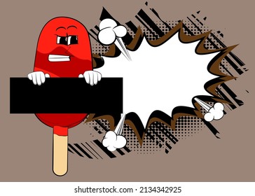 Ice Cream holding black empty sign. Summer refreshment, sweet food as a cartoon character with face.