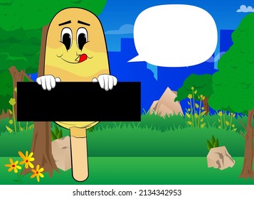Ice Cream holding black empty sign. Summer refreshment, sweet food as a cartoon character with face.