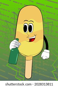 Ice Cream holding a bottle. Summer refreshment, sweet food as a cartoon character with face.