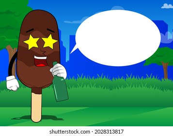 Ice Cream holding a bottle. Summer refreshment, sweet food as a cartoon character with face.