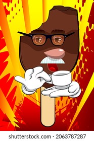 Ice Cream holding a cup of coffee. Summer refreshment, sweet food as a cartoon character with face.