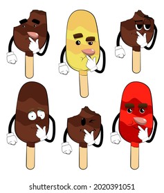 Ice Cream holding finger front of his mouth. Summer refreshment, sweet food as a cartoon character with face.