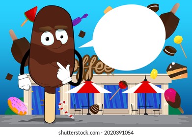 Ice Cream holding finger front of his mouth. Summer refreshment, sweet food as a cartoon character with face.