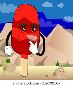 Ice Cream holding finger front of his mouth. Summer refreshment, sweet food as a cartoon character with face.