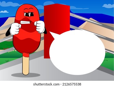 Ice Cream holding his fists in front of him ready to fight. Summer refreshment, sweet food as a cartoon character with face.