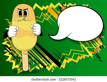 Ice Cream holding his fists in front of him ready to fight. Summer refreshment, sweet food as a cartoon character with face.