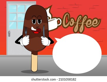 Ice Cream holding up a knife and fork. Summer refreshment, sweet food as a cartoon character with face.