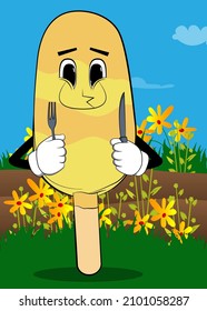 Ice Cream holding up a knife and fork. Summer refreshment, sweet food as a cartoon character with face.